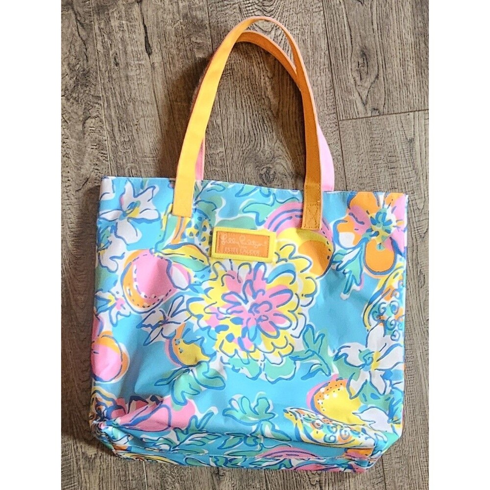 LILLY PULITZER By ESTEE LAUDER Tote Bag Nylon Floral Colorful Pink Blue Orange..